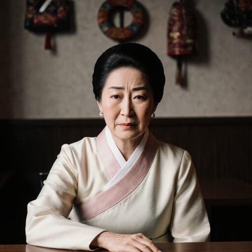 이 이미지는 전통 한복을 입고 카페 테이블에 손을 올리고 약간 앞으로 기울어진 80세 아시아계 여성의 모습을 보여줍니다. 그녀의 표정은 불편함을 느끼고 있으며, 배경은 전통과 현대가 조화를 이루는 카페로 한국 전통 기념품으로 장식되어 있어 문화적으로 풍부하고 매력적인 분위기를 자아냅니다.