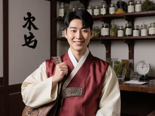 매력적인 미소를 지으며 한약 가방을 들고 있는 10대 후반의 한국인 남성이 전통 한복을 입고, 한약재로 가득한 아늑한 상담실에서 포즈를 취하고 있습니다.