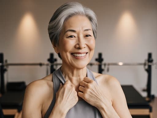 편안한 필라테스 운동복을 입고 있는 60대 아시아계 여성의 우아한 반신 사진, 부드러운 미소를 지으며 옷을 정리하는 모습이 아늑한 필라테스 스튜디오에서 부드러운 조명 아래 담겨 있습니다.