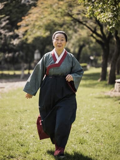 80대의 동양인 여성이 전통적인 한복을 입고 있는 전신 사진. 그녀는 평화로운 공원을 달리며 손을 살짝 흔들고 고독한 감정을 표현하고 있습니다. 배경은 풀밭과 나무들로 이루어진 고요한 풍경으로, 이미지의 감정적인 깊이를 더해줍니다.