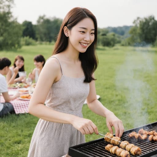 20대 한국인 여성이 편안한 여름 원피스를 입고 미소를 지으며 그릴에서 음식을 요리하며 재료를 다루고 있는 모습. 푸른 잔디가 깔린 바베큐장에서 친구들과 함께 피크닉을 즐기고 있는 활기찬 장면.