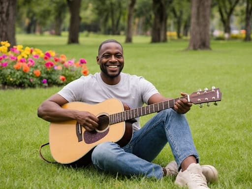 40대 아프리카계 남성이 공원 잔디 위에 앉아 있으며, 캐주얼한 티셔츠와 청바지를 입고 편안한 운동화를 신고 있습니다. 한 손에 기타를 들고 따뜻하게 미소를 지으며, 나무와 꽃들이 어우러진 푸른 자연 경관 속에서 여유롭고 예술적인 분위기를 발산하고 있습니다.