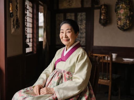 70대의 차분한 한국 여성이 전통 한복을 입고 아늑한 카페에 앉아 있습니다. 그녀는 따뜻한 미소를 띠고 있으며, 두 손을 무릎 위에 가지런히 얹고 있어 전통적인 소품들로 꾸며진 아늑한 분위기 속에서 편안함을 느끼고 있습니다.