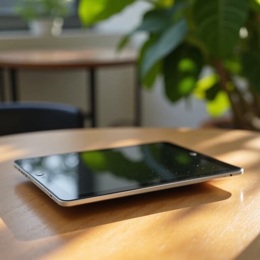 따뜻한 오후 햇살에 비춰진 나무 테이블 위의 태블릿, 흐릿한 녹색 식물이 배경에 있으며 아늑한 분위기를 연출합니다.
