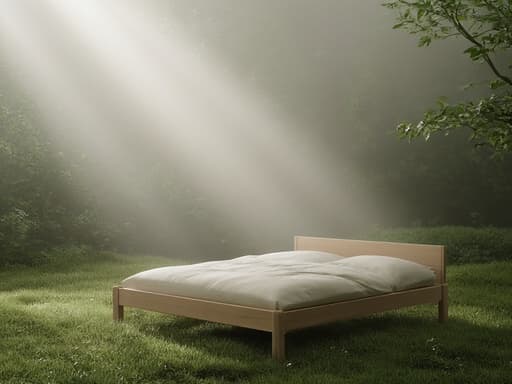 싱글 침대, 안개 낀 아침 정원, 고요하고 평온한, 부드러운 빛