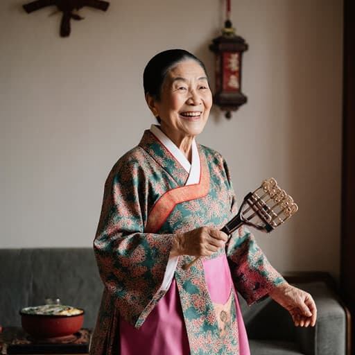 이미지에는 80대 동양인 여성이 화려한 전통 한복을 입고, 손에 전통 놀이 도구인 윷을 들고 행복하게 미소 지으며 걷고 있는 모습이 담겨 있습니다. 아늑한 거실 배경은 전통 소품들로 가득 차 따뜻하고 초대하는 분위기를 더합니다.