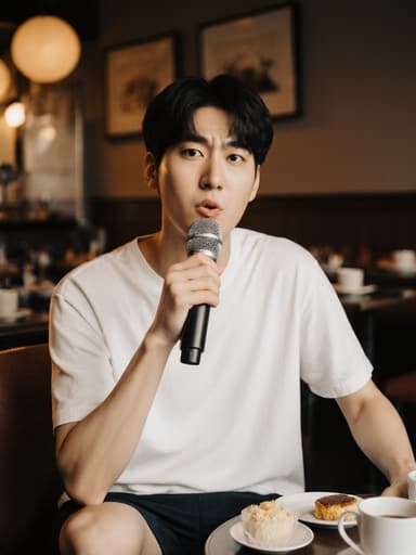 이 이미지는 아늑한 카페에서 반신 촬영된 귀여운 외모의 한국 남성을 보여줍니다. 그는 편안한 티셔츠와 반바지를 입고 있으며, 마이크를 손에 들고 짜증난 표정을 짓고 있습니다. 커피잔과 디저트가 놓인 따뜻한 카페 환경이 그와 대조를 이루며 초대하는 분위기를 만들어냅니다.