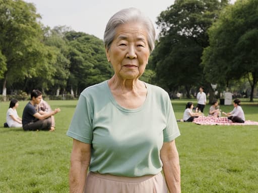 이 이미지는 편안한 요가복을 착용한 70대 한국인 여성이 잔디 위에서 요가 자세를 취하고 있는 모습을 담고 있습니다. 무관심한 표정은 가족들이 소풍을 즐기는 활기찬 배경과 대조를 이루며, 평온함과 즐거움이 조화를 이루는 장면을 연출합니다.