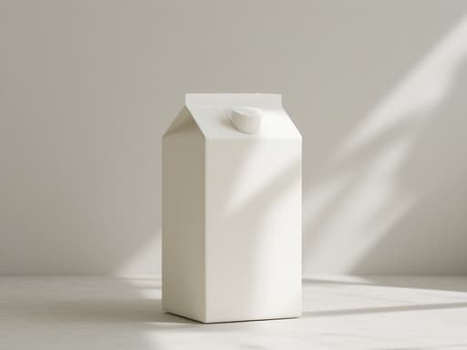 우유 팩, 현대적인 흰색 라운지, 차분하고 미니멀한 깨끗한 분위기.