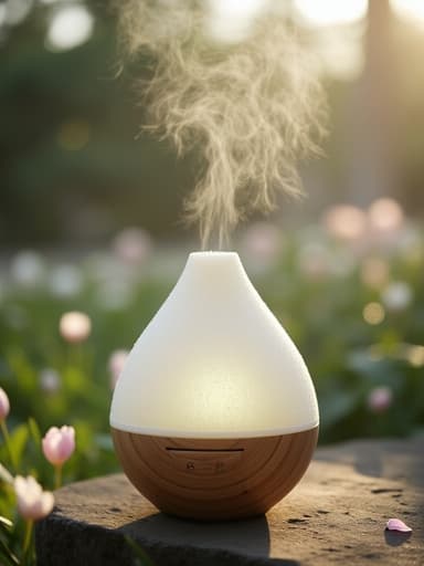 아름다운 디퓨저가 부드러운 아침 안개가 낀 정원에 있는 평화롭고 고요한 분위기.