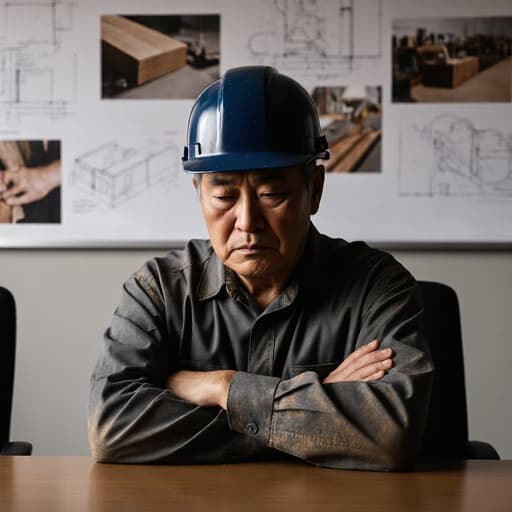 작업복과 안전모를 착용한 50대 동양인 남성이 회의 테이블에 앉아 짜증난 표정을 지으며, 벽에 붙은 목공 도면과 사진들로 둘러싸여 있습니다.