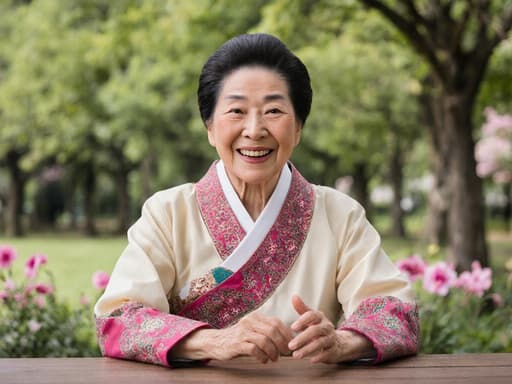 70대 한국인 여성의 반신 사진으로, 전통 한복을 입고 따뜻하고 친근한 미소를 지으며 테이블에 앉아 있는 모습입니다. 푸른 나무와 꽃이 가득한 공원에서 전통 춤에 대한 이야기를 나누고 있으며, 자연스러운 외모가 부드러운 미소와 함께 따뜻함을 전합니다. 배경은 풍성하고 다채롭고, 주제의 전통 의상과 전체적인 밝은 분위기를 완벽하게 돋보이게 합니다.