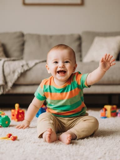 1세 유럽계 여성 아기가 밝은 색상의 스트라이프 티셔츠와 편안한 바지를 입고 귀여운 웃음을 지으며 즐겁게 스트레칭하는 모습의 전신 사진. 아늑한 거실에는 장난감과 쿠션들이 흩어져 있으며, 따뜻하고 부드러운 조명이 밝고 즐거운 분위기를 강조하여 아기가 이 초대하는 장면의 중심이 되도록 합니다.
