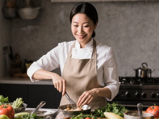 이 이미지는 40대 동양인 여성이 편안한 주방 의상과 앞치마를 착용하고, 깔끔하게 정리된 주방에서 재료를 손질하며 우아한 미소를 짓고 있는 모습을 담고 있습니다. 따뜻하고 초대하는 분위기를 강조합니다.