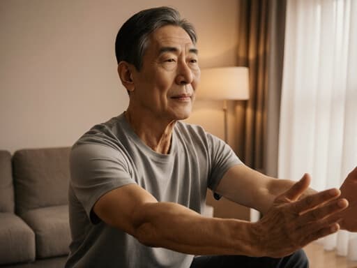 차분한 표정의 한국인 50대 남성이 아늑한 거실에서 요가를 하고 있는 모습의 반신 사진입니다. 그는 편안한 요가복을 착용하고 있으며, 평화로운 요가 자세를 취하고 있습니다. 따뜻한 조명이 비추는 이 공간은 편안한 분위기를 더해줍니다.