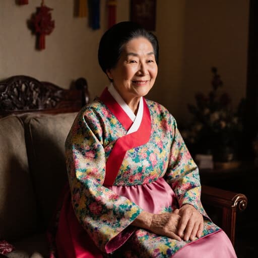 70대 혼혈 여성이 화사한 전통 한복을 입고, 전통 장식이 있는 아늑한 거실의 안락 의자에 편안하게 앉아 고마운 미소를 지으며 따뜻한 분위기를 자아내고 있습니다.