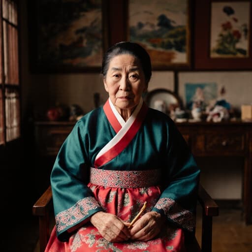 이 이미지는 전통 한복을 입은 70세의 백인 여성이 따뜻한 색조의 거실에 앉아, 전통 공예 도구를 들고 슬픈 표정을 지으며 주변의 전통 예술 작품들에 둘러싸인 모습입니다.