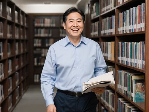 50대 한국인 남성이 깔끔한 셔츠와 슬랙스를 입고 조용한 도서관을 걷고 있습니다. 그는 수업 자료를 들고 행복한 표정을 짓고 있어, 지적이고 매력적인 분위기를 전달하고 있습니다.