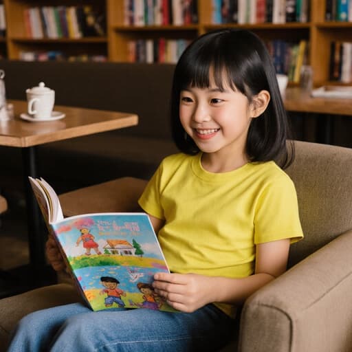 7세 동양인 여아가 아늑한 카페의 소파에 앉아 화사한 티셔츠와 편안한 청바지를 입고 있습니다. 그녀는 그림책을 손에 들고 페이지를 바라보며 즐겁게 미소 지으며, 배경에는 책장과 커피 테이블이 있는 따뜻한 분위기가 펼쳐져 있습니다.