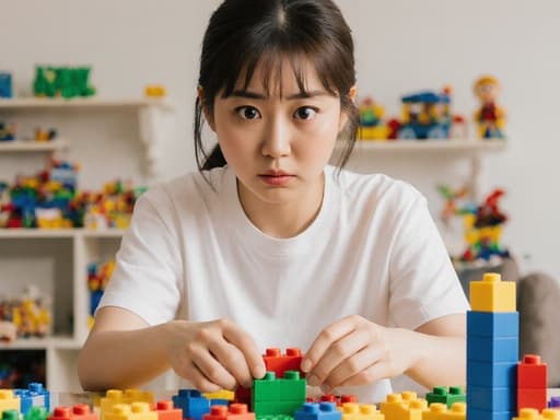 귀여운 외모의 30대 한국인 여성이 편안한 티셔츠와 반바지를 입고, 레고 블록을 조립하려고 하는 모습의 반신 촬영입니다. 그녀는 두려운 표정으로 눈을 크게 뜨고 약간 굽은 자세로 레고 세트와 상호작용하고 있습니다. 배경은 밝고 잘 조명된 거실로, 다양한 장난감과 레고 세트가 흩어져 있어 장난스럽지만 약간 불안한 분위기를 자아냅니다.