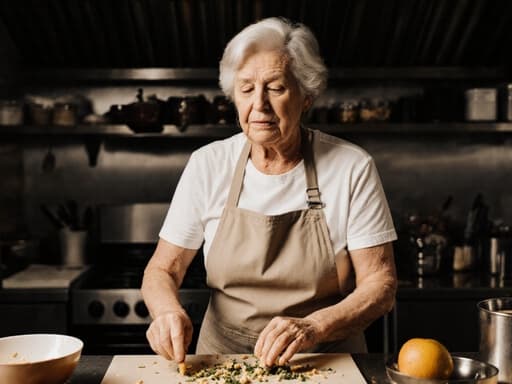 50대의 걱정스러운 표정을 짓고 있는 백인 여성이 편안한 앞치마와 캐주얼한 티셔츠를 입고 식당의 조리대에서 재료를 손질하고 있습니다. 조리대 위에 손을 올리고 요리 과정에 집중하고 있으며, 정돈된 주방 기구와 재료들로 둘러싸인 따뜻하고 초대하는 분위기가 연출되고 있습니다.