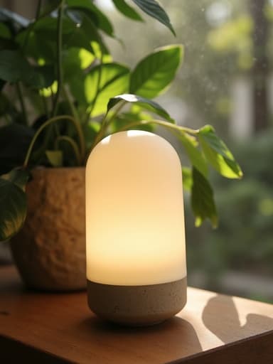 부드럽게 빛나는 무드등이 신선한 녹음으로 둘러싸인 평화로운 자연 환경에 있으며, 뿌리를 날리는 햇빛 아래에서 차분한 분위기를 만들어냅니다.