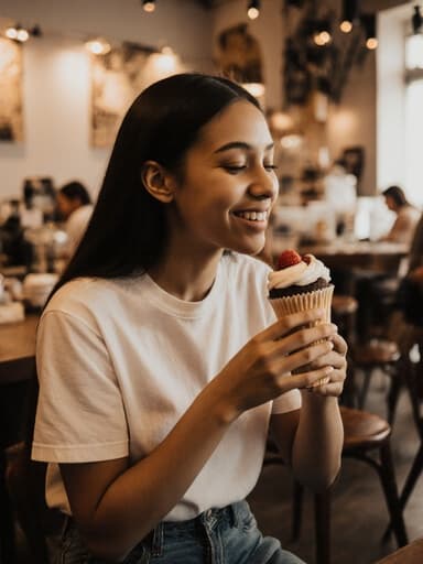 아늑한 베이커리 테이블에 앉아 맛있는 디저트를 즐기고 있는 혼혈 10대 소녀의 반신 촬영으로, 자연스러운 외모를 지닌 그녀는 캐주얼한 티셔츠와 청바지를 입고 편안하고 행복한 표정을 짓고 있으며, 베이커리의 따뜻한 분위기가 잘 드러납니다.