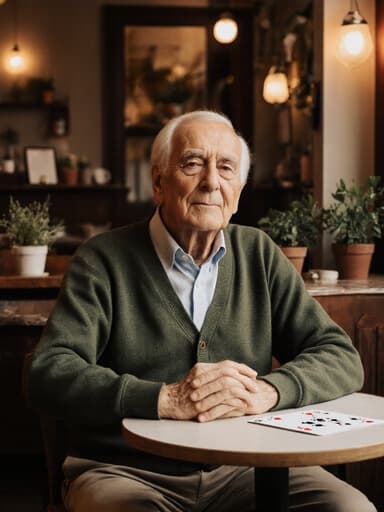 아늑한 카페에서 편안한 카디건과 면바지를 입은 80대 유럽계 남성의 반신 샷입니다. 그는 카드 테이블에 앉아 요가 자세로 손을 편안하게 놓고 있으며, 편안한 표정을 지으며 따뜻한 조명과 작은 식물들이 평화로운 분위기를 더하고 있습니다.
