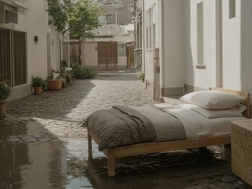 구시가지 골목길에 있는 싱글 침대, 자연광과 부드러운 그림자가 있는 아늑하고 초대하는 분위기.