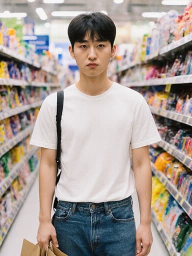10대 초반 아시아계 남성이 캐주얼한 티셔츠와 청바지를 입고 쇼핑 가방을 들고 절망한 표정을 지으며 상점 안에 서 있습니다. 배경에는 다양한 상품들이 진열되어 있어 활기찬 쇼핑 환경과 모델의 감정 상태가 대조를 이루고 있습니다.