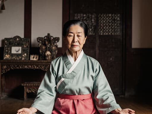 70대 동양인 여성의 반신상 사진으로, 전통 한복을 입고 편안한 요가 자세를 취하며 지혜로운 표정을 짓고 있는 모습이 고풍스러운 한국식 거실에서 평온함과 지혜를 발산하고 있습니다.