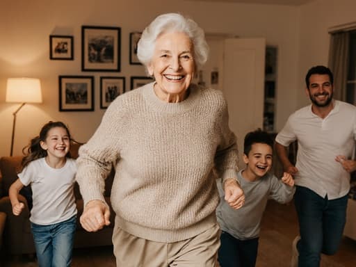 70대의 유럽계 여성이 편안한 니트 스웨터와 슬랙스를 입고, 따뜻한 조명과 가족 사진이 있는 아늑한 거실에서 가족과 함께 달리며 행복한 미소를 지으며 즐거운 순간을 공유하고 있습니다.
