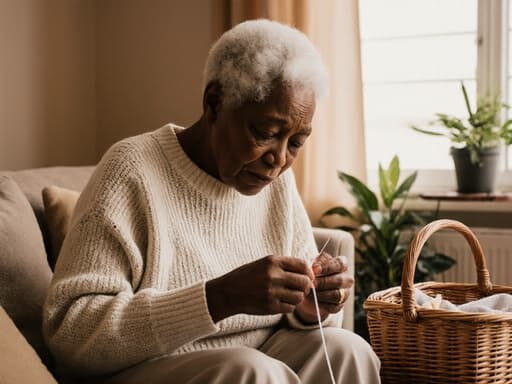 70대 흑인 여성의 반신 사진으로, 자연스러운 외모를 가진 그녀는 편안한 니트 스웨터와 바지를 입고 있습니다. 그녀는 피곤한 표정을 짓고 있지만 바느질에 집중하며 손에는 바늘과 실을 들고 있고, 바느질 바구니가 옆에 놓여 있습니다. 배경은 아늑한 거실로, 소파와 작은 테이블이 있으며 창가에는 식물이 있어 따뜻하고 초대하는 분위기를 자아냅니다.
