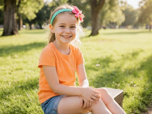 사랑스러운 외모를 가진 7세 백인 여자아이가 밝고 화사한 색상의 티셔츠와 반바지를 입고, 리본이 달린 헤어밴드를 착용한 채 공원 벤치에 앉아 있는 반신 촬영입니다. 그녀는 다리를 뻗고 손은 무릎에 올려놓으며 행복한 미소를 짓고 있습니다. 배경에는 푸른 잔디와 나무들이 있는 공원의 아침 풍경이 펼쳐져 있으며, 따뜻한 햇살이 내려쬐고 있어 그녀의 사랑스러운 표정과 잘 어울리는 즐거운 분위기를 만들어냅니다.