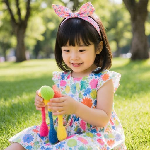 화사한 드레스를 입은 귀여운 7세 동양인 소녀가 인형과 즐겁게 대화하는 모습의 반신 사진. 푸르른 잔디밭과 햇살이 비치는 공원 배경에서 행복한 표정을 짓고 있다.