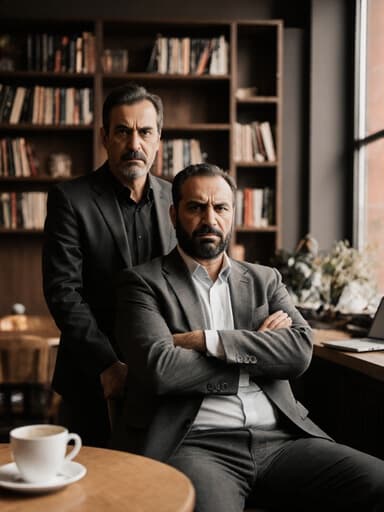 40대 중동계 남성이 짧은 머리와 수염을 가진 채로 진지하고 분노한 표정을 짓고 있는 반신 샷. 깔끔한 셔츠와 캐주얼한 자켓을 입고, 아늑한 카페에서 팔짱을 끼고 앉아 있습니다. 배경에는 책장이 있고 테이블 위에는 커피 잔과 노트북이 있어 사색과 강렬함의 분위기를 조성하고 있습니다.