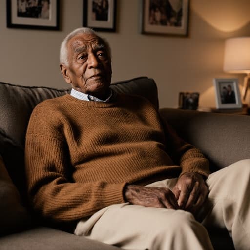 아늑한 거실에 앉아 피곤한 표정을 짓고 있는 아프리카계 80대 남성의 반신 사진입니다. 그는 따뜻한 색상의 편안한 집안 복장을 착용하고 있습니다.