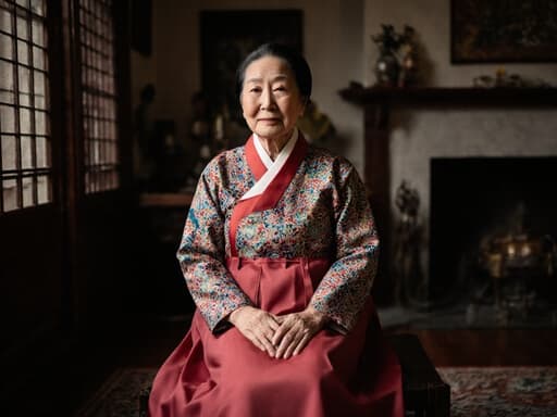 70대 아시아계 여성이 화려한 전통 한복을 입고, 전통 장식이 있는 아늑한 거실에 앉아 손을 무릎 위에 얹고 약간 긴장한 표정을 짓고 있는 반신 사진.