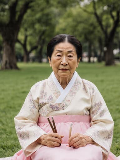 70대 혼혈 여성이 전통 한복을 입고 평화로운 공원에 앉아 공예 도구를 들고 지루한 표정을 지으며, 우거진 잔디밭과 나무들로 둘러싸인 모습입니다.