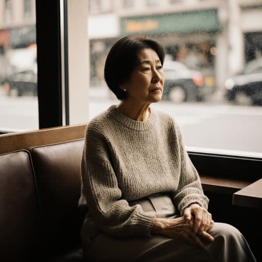 60대의 자연스러운 외모를 지닌 한국인 여성이 편안한 니트와 슬랙스를 입고 아늑한 카페에 앉아 손을 무릎에 올려놓고 불안한 표정을 짓고 있으며, 창밖으로 거리의 풍경을 바라보는 모습이 담긴 반신 사진입니다.