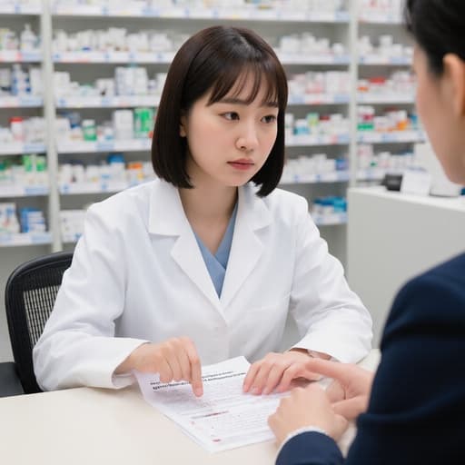 20대 동양인 여성이 전문적인 약사복을 입고 실망한 표정을 지으며 약사와 대화하는 모습의 반신 사진입니다. 상담 테이블에 앉아 약품 설명서를 가리키고 있으며, 배경은 약품이 정리된 약국 내부입니다.