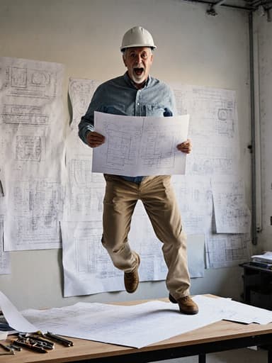 놀란 표정을 지으며 도면을 손에 들고 점프하는 60대 백인 남성이 편안한 작업복과 안전모를 착용하고 있습니다. 배경은 여러 도면과 도구들이 흩어져 있는 설계 공간으로, 창의적인 분위기를 강조합니다.