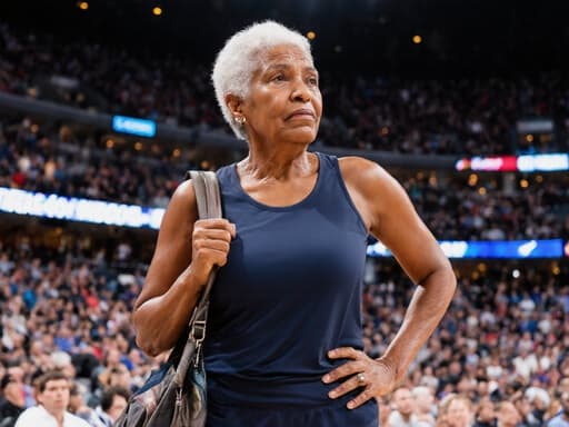 50대 아프리카계 여성의 반신 사진으로, 스타일리시한 운동복과 운동화를 착용하고 어깨에 가방을 메고 있습니다. 그녀는 팔을 살짝 구부린 자세로 불만스러운 표정을 지으며 서 있습니다. 배경에는 관중이 앉아 있는 활기찬 경기장이 있어 그녀의 감정과 이미지의 설정을 강조하는 역동적인 분위기를 제공합니다.