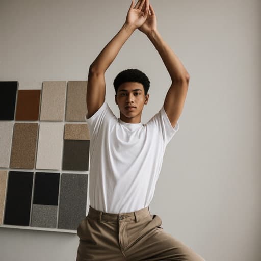 10대 초반의 혼혈 남성이 심플한 티셔츠와 편안한 바지를 입고 자신감 있게 요가 자세를 취하고 있는 모습의 반신 사진입니다. 그는 고급스러운 표정을 지으며 현대적인 설계 공간에서 건축 자재 샘플들이 배열된 배경과 함께 편안함과 자신감을 나타내고 있습니다. 부드럽고 자연스러운 조명이 아늑한 분위기를 만들어냅니다.