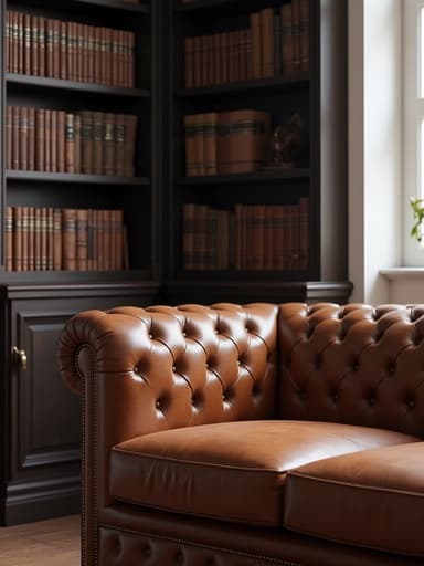 고전적인 도서관의 소파로 어두운 나무 책장과 고전 서적이 있어 따뜻하고 초대하는 지적 분위기를 만들어냅니다.