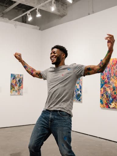 20대 혼혈 남성 아티스트가 현대 미술관에서 즐겁게 춤추고 있는 전신 사진으로, 티셔츠와 청바지를 입고 팔에 페인트 자국이 있으며, 다양한 예술 작품들로 둘러싸여 창의성에 대한 감정적 연결을 반영합니다.