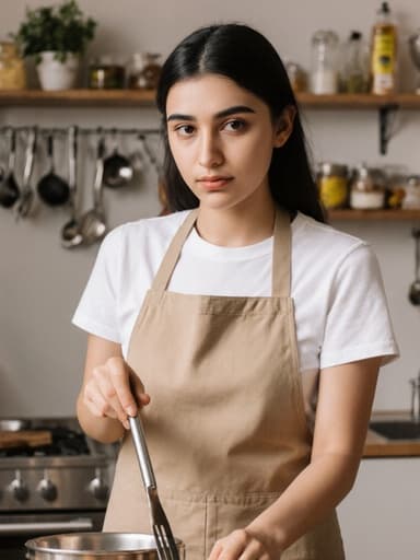 중동계 10대 후반의 자연스러운 외모를 가진 여성이 편안한 주방용 앞치마와 캐주얼한 티셔츠를 착용하고 있는 반신 촬영입니다. 주방 도구를 들고 무관심한 표정으로 인사하고 있으며, 배경에는 정돈된 조리실과 다양한 주방 도구와 재료들이 선반에 놓여 있어 깔끔하고 따뜻한 요리 환경을 강조합니다.