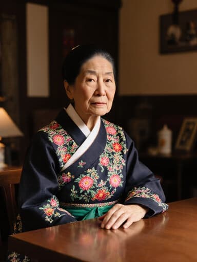 80대 한국인 여성의 반신 사진, 화려한 자수가 있는 전통 한복을 입고 있습니다. 그녀는 카페 테이블에 손을 얹고 걱정스러운 표정을 짓고 있으며, 배경은 전통 소품으로 가득한 아늑한 거실입니다.