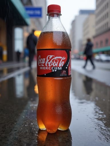 물기 있는 표면에 탄산음료 페트병의 클로즈업, 빗방울 반사, 흐릿한 비 오는 도시 거리 배경, 우울하고 반사적인 도시 분위기.