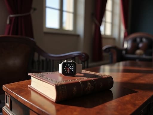 다크 목재 테이블 위에 스마트워치, 섬세한 가죽 제본 서적이 깊은 그림자 속에 놓여 있고, 높이 아치형 창을 통해 부드러운 자연광이 비치며, 따뜻한 분위기.